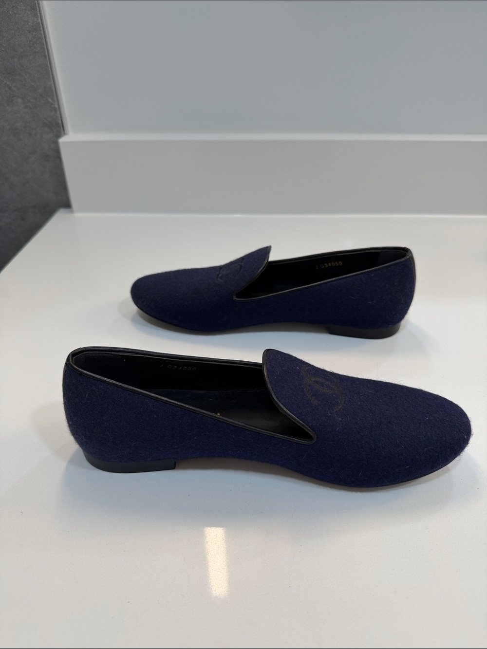 CHANEL Navy Wool CC Logo Slip-On Flats - Picture 3 of 7